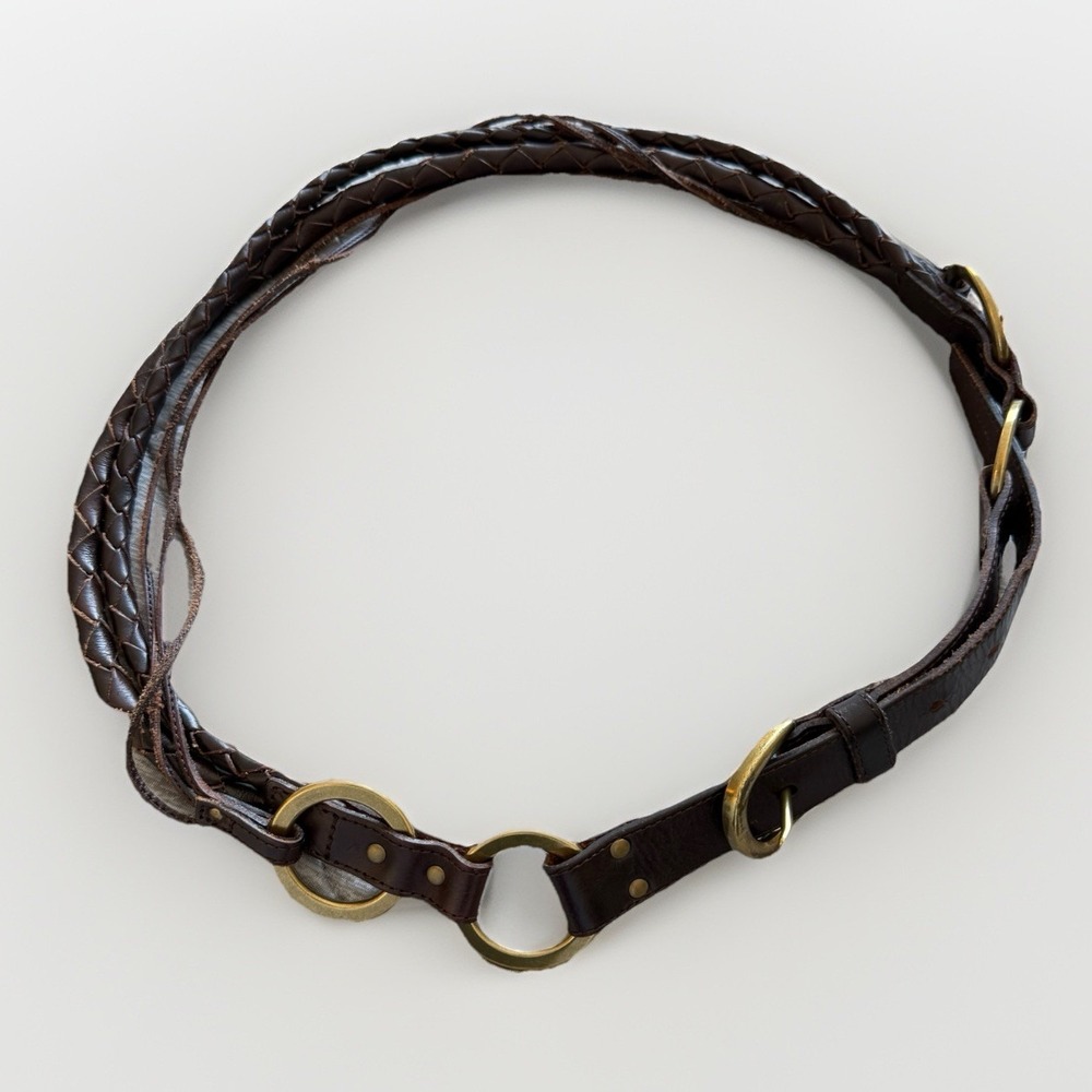 Talbots Brown Leather Belt L Festival Boho Braided Brass Grommet Buckle Strappy